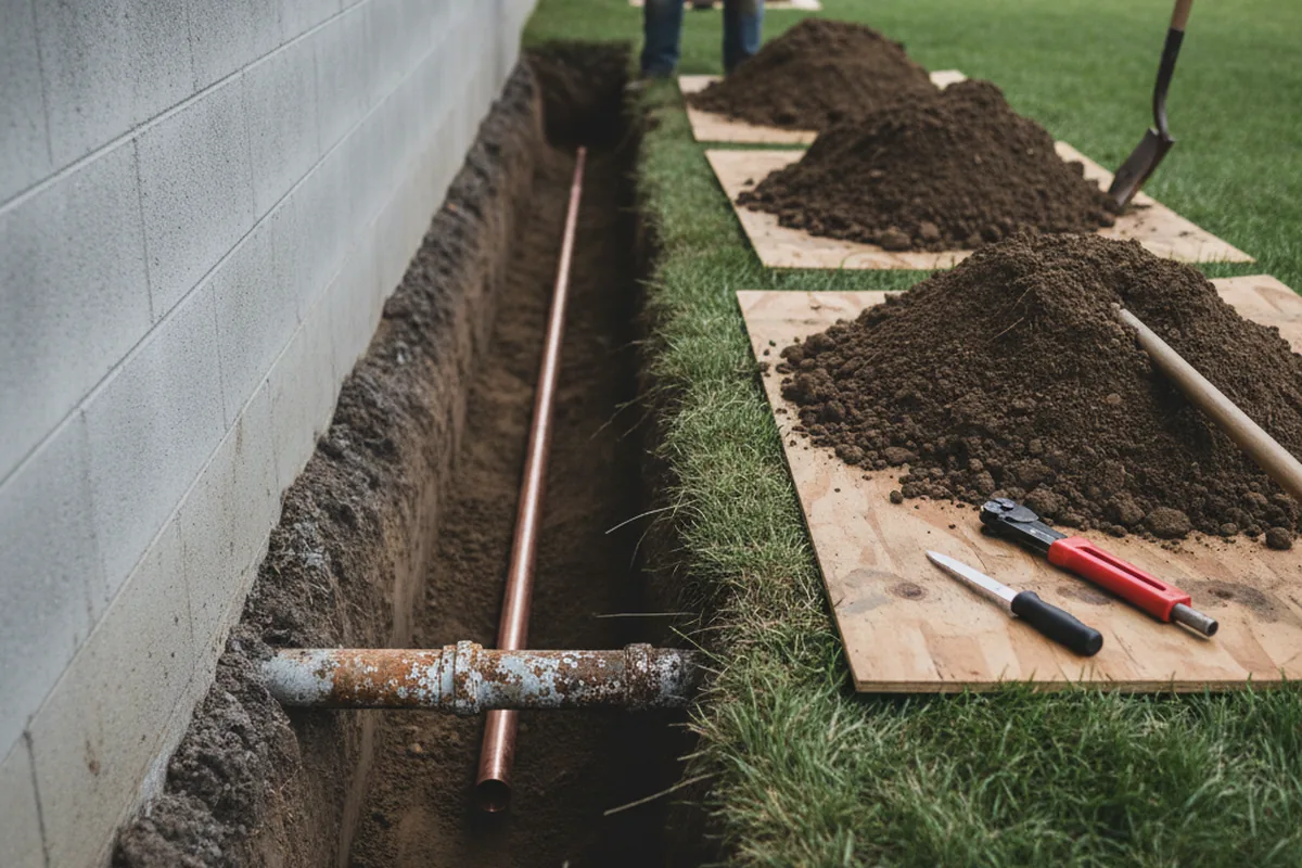 Excavated water line trench during Water Heater Repair in Ogilvie